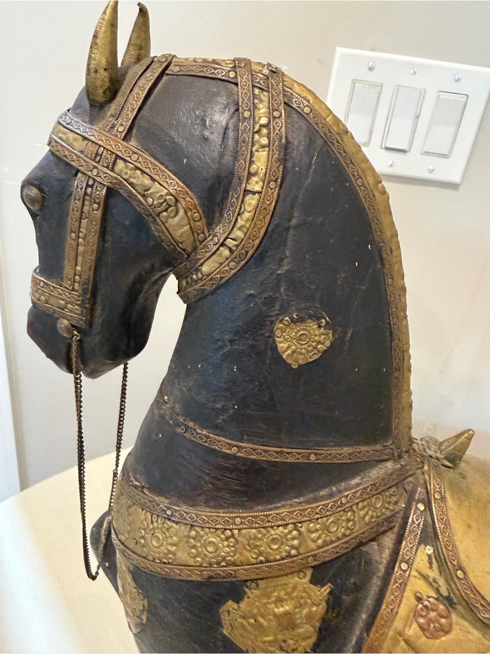 Antique Vintage Hand Carved Wood Horse Copper and Brass Overlay India - Picture 7 of 16